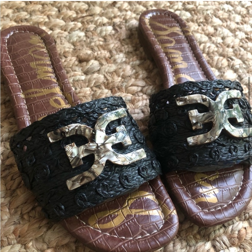 Sam Edelman Backer Black and Brown Raffia Slide Sandals 8 - Picture 4 of 12